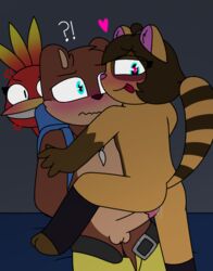 artist_self-insert backpack bag banjo-kazooie banjo_(banjo-kazooie) belt brown_fur furry heart-shaped_pupils kazooie kidnapped male penis raccoon self_insert shorts stockings