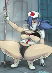 1girls big_breasts black_bra black_panties black_underwear blue_hair bra face_mask female female_only gloves high_heels neznoioo nurse nurse_cap nurse_uniform panties pussy skullgirls solo squatting sweat tagme valentine_(skullgirls) visible_breath