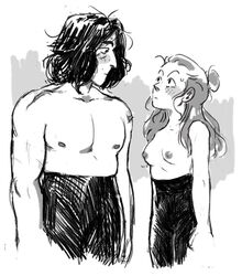 1boy 1girls ben_solo kylo_ren line_art meme no_color rey star_wars topless unknown_artist