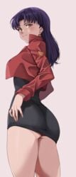 1girls artist_request ass blush brown_eyes bubble_butt clothing dat_ass dress female female_only jacket long_hair looking_at_viewer looking_back mature mature_female mature_woman misato_katsuragi neon_genesis_evangelion purple_hair ryudraw smile solo thick_thighs voluptuous