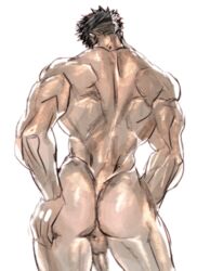 1boy aitanso ass back back_muscles back_view backsack balls bara big_ass black_hair completely_nude demon_slayer flaccid hand_on_ass hand_on_butt hand_on_own_ass himejima_gyomei human human_only kimetsu_no_yaiba male male_focus male_only muscular muscular_back muscular_male naked nude nude_male penis rear_view solo solo_focus solo_male standing white_background