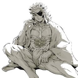 abs demon_slayer eye_patch fundoshi kimetsu_no_yaiba kimono male male_only monochrome muscular muscular_male open_clothes open_kimono ratchetduwang rengoku_kyoujurou scar sitting solo spread_legs sweat