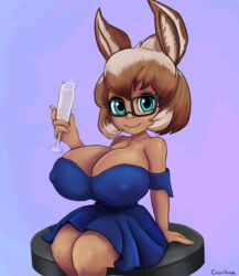 blue_eyes champagne cocktail_dress cranihum deer_ears dixie_(hazardburn) dress glass glasses looking_at_viewer nipple_bulge original original_character shortstack sitting thighs