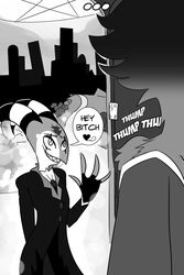 absurd_res avian bird black_and_white blitzo_(helluva_boss) city comic demon dialogue dialogue_box fluffy fluffy_chest heartbeat helluva_boss hi_res imp leponsart male monochrome owl owl_demon simple_background solo stolas_(helluva_boss)