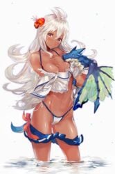 cleavage dark-skinned_female dark_skin dragon flower_in_hair granblue_fantasy hitaki_yuu looking_back red_eyes standing_in_water swimsuit tagme toned toned_female water white_hair zooey_(granblue_fantasy)