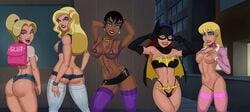 african african_female backpack barbara_gordon batgirl batman:_the_animated_series batman_(series) black_canary black_hair blonde_hair blue_eyes booty_shorts brown_eyes corruption courtney_whitmore dat_ass dc dc_comics dcau dinah_lance earrings edit eyeshadow female fishnets g-string green_arrow_(series) justice_league justice_league_unlimited kara_zor-el kryptonian makeup mari_jiwe_mccabe mari_mccabe micro_bikini microskirt necklace night no_bra no_panties peace_sign ponytail prostitution red_hair revealing_clothes skimpy skimpy_clothes slutty_outfit something_unlimited stargirl street sunsetriders7 supergirl superhero superheroine superman:_the_animated_series superman_(series) thong vixen_(dc)