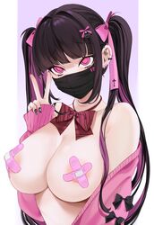 bandaid bandaids_on_nipples bangs bare_shoulders black_bow black_hair black_nails blunt_bangs bow bowtie breasts eyebrows_visible_through_hair female female hair_intakes hair_ribbon highres jacket large_breasts long_hair looking_at_viewer mask mouth_mask nail_polish nipples ompf original pasties piercing pink_eyes pink_jacket red_bow red_bowtie ribbon solo striped striped_bow twintails v