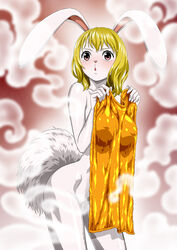 blonde_hair blush bunny_ears carrot_(one_piece) covering covering_breasts female female_only naked nel-zel_formula one_piece rabbit red_eyes small_mouth steam surprised surprised_expression towel wet white_body