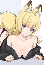 1girls animal_ear_fluff animal_ears ass bare_shoulders bent_over black_kimono blonde_hair blue_eyes blunt_bangs cleavage female fox_ears fox_tail hair_on_shoulder kimono large_breasts looking_at_viewer medium_hair mole_on_breast no_bra original panty_straps parted_lips pink_fingernails pink_lips purple_panties shimizu_akina tail white_background yellow_fur yellow_tail