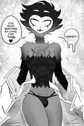 absurd_res avian bird black_and_white bulge clothing comic dialogue dialogue_box fluffy fluffy_chest heart helluva_boss hi_res leponsart lingerie male monochrome owl owl_demon romantic romantic_ambiance seductive simple_background smile solo stolas_(helluva_boss) undressing