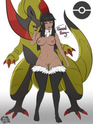 arisarts black_hair dark_skin female haxorus inverted_nipples naked pokémon_(species) pokemon pokemon_bw pubic_hair text_bubble thighhighs