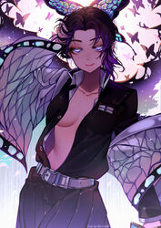 bedroom_eyes black_hair butterfly butterfly_hair_ornament covered_nipples demon_slayer female female_only half-closed_eyes hand_on_head haori kimetsu_no_yaiba kochou_shinobu looking_at_viewer march_ab medium_breasts no_bra open_shirt purple_eyes purple_highlights smile solo two_tone_hair unbuttoned_shirt uniform wisteria_(flower)