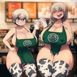 2girls apron apron_only big_breasts blush breasts casual cleavage closed_eyes cow_print daughter eye_contact female grey_hair huge_breasts human iced_latte_with_breast_milk large_breasts legwear long_hair looking_at_viewer massive_breasts mature_female meme milf mother mother_and_daughter mrsakai nipple_bulge older_female outerwear ryousakai short_hair thick_thighs thighhighs thighs uzaki-chan_wa_asobitai! uzaki_hana uzaki_tsuki watermark wide_hips younger_female