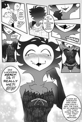 absurd_res avian bird blush bulge clothing comic demon dialogue dialogue_box dressing fluffy_chest girly helluva_boss hi_res leponsart lingerie lipstick makeup male owl owl_demon simple_background smile solo stolas_(helluva_boss)