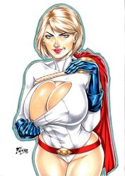 1girls blonde_hair blue_eyes boob_window dc dc_comics ed_benes_studio female fred_benes huge_breasts large_breasts lipstick looking_at_viewer nipple_piercing power_girl short_hair solo teasing