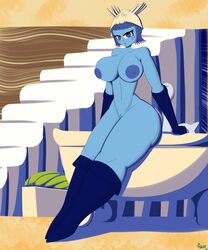 1girls bathtub blue_eyes blue_hair blue_lips blue_nipples blue_skin blush boots dannyiac female gloves hylics leaning_back nipples pussy somsnosa_(hylics) stairs