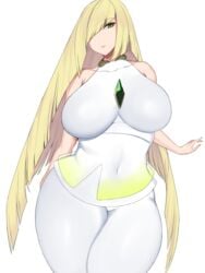 1girls aether_foundation alternate_breast_size big_breasts blonde_hair breasts clothed erimiko female female_only green_eyes hi_res highres huge_thighs human large_breasts long_hair lusamine_(pokemon) mature mature_female milf nintendo pokemon pokemon_sm solo thick_thighs wide_hips