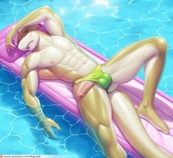 abs anthro anthro_only biceps big_penis fish green_eyes green_speedo hot_weather humanoid humanoid_penis lemon_shark male_only marine mostly_nude muscular_arms muscular_male penis penis_out pool pool_toy scalie shark shark_tail sharp_teeth shielding_eyes sigma_x solo speedo sunbathing swimwear tail