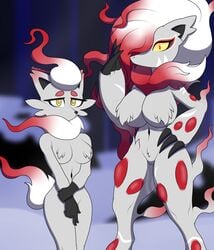 2girls anthro big_breasts breasts duo female female_only fur furry furry_breasts furry_tail grey_skin hisuian_zoroark hisuian_zorua humanoid looking_at_viewer nintendo pokémon_(species) pokemon pokemon_(species) pokemon_legends:_arceus presenting samrunner small_breasts thick_thighs thighs video_games waist white_skin yellow_eyes zoroark zorua