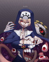 1girls big_breasts body_horror breasts breasts_out double_(skullgirls) eldritch eldritch_abomination eldritch_horror evil_grin evil_smile female hands_together large_breasts nightmare_waifu nun nun's_habit nun_habit nun_outfit skullgirls smile smiling torn_clothes wink winking