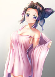 alternate_costume big_breasts butterfly_hair_ornament cleavage dark_hair demon_slayer female female_only focke_wulf fully_clothed kimetsu_no_yaiba kochou_shinobu looking_at_viewer morning nightgown no_pupils off_shoulder purple_eyes sideboob solo two_tone_hair undressing