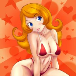 absurdres assymptoad bikini blue_eyes blush breasts brown_hair eyebrows_visible_through_hair female highres large_breasts long_hair looking_at_viewer mario_(series) mona_(warioware) navel nintendo red_bikini solo swimsuit warioware