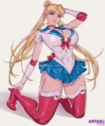 1girls abs alternate_breast_size arm_behind_head arttoru big_breasts bishoujo_senshi_sailor_moon blonde_hair blush blushing choker clothing female female_focus female_only heels high_heel_boots huge_breasts kept large_breasts light-skinned_female long_hair magical_girl muscular_female red_heels sailor_moon sailor_uniform short_skirt skirt solo solo_female solo_focus thick_thighs thigh_high_boots top_heavy twintails usagi_tsukino white_background