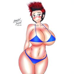 big_breasts bikini blush braian_rojo breasts gender_transformation original_character red_hair short_hair smile