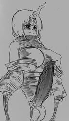 1futa balls big_breasts big_penis breasts clothed clothing elma_(dragon_maid) embarrassed erection fully_clothed futa_only futanari horn humanoid_penis khentaiu leotard miss_kobayashi's_dragon_maid monochrome penis penis_out sketch solo standing thick_thighs wavy_mouth wide_hips