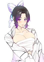 big_breasts black_hair blush breast_squish butterfly_hair_ornament cleavage demon_slayer female female_only haori kimetsu_no_yaiba kochou_shinobu looking_at_viewer purple_eyes purple_highlights sarashi smile solo two_tone_hair white_background zucchini