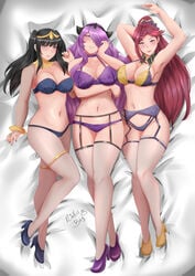 3girls armpits bangs bedroom_eyes black_eyes black_hair blue_panties bodystocking bra breasts camilla_(fire_emblem) collarbone come_hither female_only fire_emblem fire_emblem_awakening fire_emblem_fates fire_emblem_heroes garter_belt grin hair_over_one_eye high_heels horns large_breasts lingerie loki_(fire_emblem) long_hair looking_at_viewer multiple_girls nintendo on_back on_bed panties pantyhose ponytail purple_eyes purple_hair purple_panties rinku_bny smile take_your_pick tharja_(fire_emblem) thighhighs underwear very_long_hair violet_hair