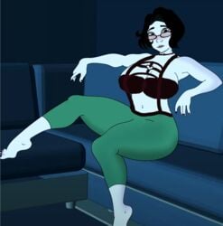 1girls breasts dark_hair doomer_girl feet glasses short_hair thighs wojak_comics yoga_pants