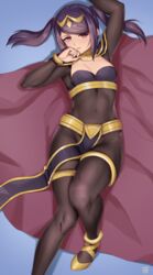 1girls alternate_costume black_bodysuit bodystocking bodysuit breasts bridal_gauntlets cosplay covered_navel female finalcake fire_emblem fire_emblem_awakening highres julianne_stingray lying nintendo on_back purple_hair red_eyes sidelocks skin_tight small_breasts solo tharja_(fire_emblem)_(cosplay) twintails va-11_hall-a