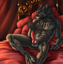 1boy animal_genitalia anthro beckoning belfezon black_fur bone_necklace canine_penis erection fangs furry inviting licking_lips looking_at_viewer male_only muscular_male necklace on_back on_bed pillow pillows scar scars solo violet_eyes werewolf