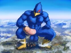 aircraft airplane anthro avian balls bird blue_body city cloud cock_vore crouching destruction erection falco_lombardi footprint genitals hi_res jet kovaltiel laser macro male male_only nintendo penile penis solo star_fox video_games vore