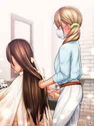 1futa 1girls barber_chair big_penis blonde_hair brown_hair censored clothed clothing cum daisy_mitsumata ejaculation erection female fully_clothed futanari human light_skin long_hair mask masturbation mosaic_censoring mostly_clothed orgasm pale_skin penis penis_out standing stealth_masturbation tagme