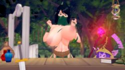 3d akali assisted_exposure black_hair bouncing_breasts breast_expansion breasts empressaria game_mechanics huge_breasts league_of_legends lulu_the_fae_sorceress mask purple_hair wardrobe_malfunction yordle