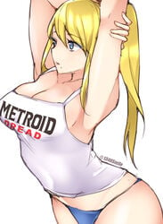 1340smile 1girls absurdres armpits bangs blonde_hair blue_eyes blue_panties breasts female highres long_hair metroid metroid_dread mole mole_under_mouth navel nintendo panties ponytail samus_aran shirt simple_background solo stretching underwear upper_body