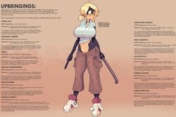 bottomwear breasts carbon_pink cleavage cybernetics female female_only footwear huge_breasts jack_cayless shoes sneakers solo text topwear weapon