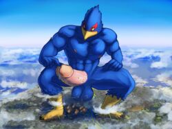 aircraft airplane avian balls bird blue_body bodily_fluids city cloud cock_vore crouching destruction erection falco_lombardi footprint furry genital_fluids genitals hi_res jet kovaltiel laser macro male_only nintendo penile penis precum solo star_fox video_games vore