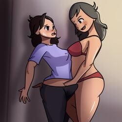 blush breast_press breast_size_difference clothed embarrassed hand_down_pants hand_in_panties incest
 jaiden jaiden_animations jaidens_mom milf mother_and_daughter wall_(structure) youtube yuri