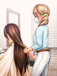 1futa 1girls barber_chair big_penis blonde_hair brown_hair censored clothed clothing daisy_mitsumata erection female fully_clothed futanari human light_skin long_hair mask mosaic_censoring mostly_clothed pale_skin penis penis_out standing stealth_masturbation tagme