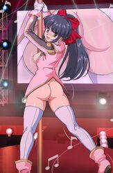 1girls ass big_ass blue_hair bodysuit bottomless bow brown_eyes bubble_butt clothing dat_ass fat_ass female female_only goldmund hair_ribbon looking_back medium_breasts nipples no_bra open_mouth pole pole_dancing ponytail sakura_shinguji sakura_taisen sakura_wars sega sensual sideboob smile solo stockings thick_thighs thighhighs