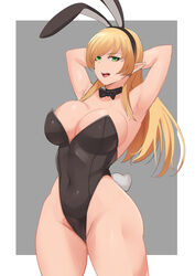 1girls animal_ears arms_behind_head arms_up bare_shoulders blonde_hair bow bow_choker bowtie breasts bunny_ears bunny_tail bunnysuit choker elf fake_animal_ears fake_tail female green_eyes highleg highleg_leotard large_breasts leotard long_hair looking_at_viewer original pointy_ears smile solo stormcow tail