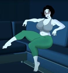 1girls breasts dark_hair doomer_girl feet glasses short_hair thighs topwear wojak_comics yoga_pants