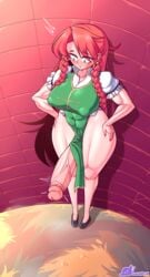 1futa big_penis blush blushing blushing_profusely breasts clothed clothing cuchuflin ear_piercing earrings erection futa_only futanari futanari_transformation green_eyes hands_on_hip high-angle_view hong_meiling human hung_futanari large_breasts large_penis light-skinned_futanari light_skin mostly_clothed muscular muscular_female pale-skinned_futanari pale_skin penis red_hair simple_background solo solo_futa standing thick_thighs touhou transformation vein veins veiny_penis wide_hips