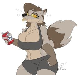 anthro breasts brown_fur brown_hair dpronin drunk female female_only fur furry hips looking_at_viewer simple_background smile smiling smiling_at_viewer soda tail thighs tongue tongue_out yellow_eyes