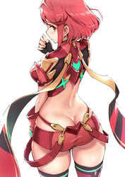 1girls amber_eyes ass ass_cleavage blush butt_crack earrings exposed_back fingerless_gloves hair_ornament haoni looking_at_viewer looking_back nintendo pyra red_hair short_hair short_shorts skindentation solo_female super_smash_bros. tiara xenoblade_(series) xenoblade_chronicles_2