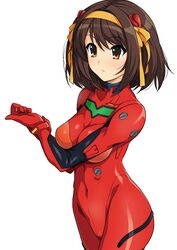 1girls asuka_langley_sohryu_(cosplay) bodysuit breasts brown_hair cosplay haruhisky neon_genesis_evangelion short_hair solo suzumiya_haruhi suzumiya_haruhi_no_yuuutsu tagme