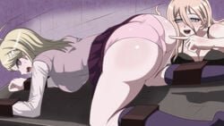 16:9_aspect_ratio 2girls akamatsu_kaede ass blonde_hair bondage clothes_pull clothing cuffs danganronpa danganronpa_v3:_killing_harmony female high_resolution imminent_penetration imminent_rape imminent_sex iruma_miu multiple_girls panties pantsu poking_ass restrained restraints shackles sinabi skirt skirt_lift skirt_pull stationary_restraints straight_hair underwear yuri